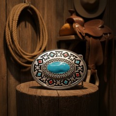 New Men Women Silver Metal Fashion Belt Buckle Native Ethnic Oval Turquoise Blue