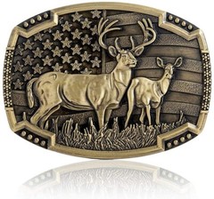 Men Antique BRONZE Metal Belt Buckle Deer Hunter Western USA Flag Background