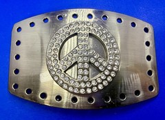 Peace Symbol Sign Rhinestone Bling Hole Border Hippy Silver Tone Belt Buckle