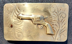 Vintage Western Brass Belt Buckle Embossed Revolver Gun Pistol Solid Bar RARE