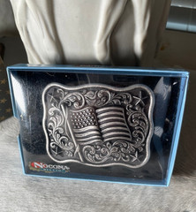 Nocona Mens Belt Buckle 3.75 x 3 in US Flag Star Western Matte Black Silver 1.5