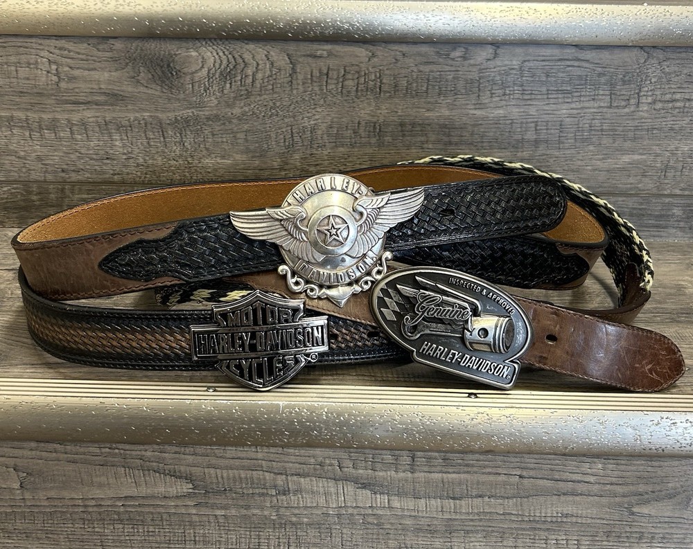 Lot Of 3 Harley-Davidson Flying Piston Shield lone Star Wings Belt Buckles
