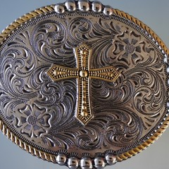 Two Tone Cross Belt Buckle Oval Silver Gold Floral Filigree Western
