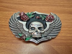 Winged Skull with Roses Metal Enamel Belt Buckle Silver Black Red fits 1.5&Prime; Belt