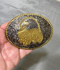Vintage Crumrine Belt Buckle Mens Silver Plate Gold Eagle Western USA Oval