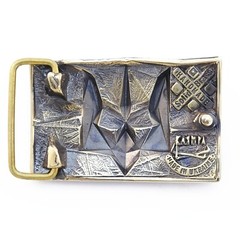 Handmade brass belt buckle « Ice and fire », Ukrainian trident low poly geometric