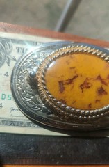 vintage oval belt buckle floral scroll w polished stone center