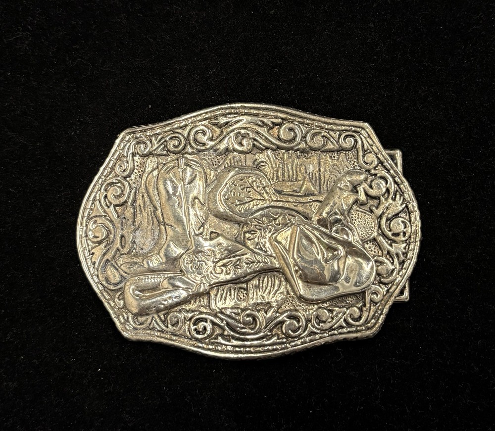 Vintage Nocona belt buckle high relief cowboy scene western style RARE