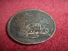 Vintage Asian Chariot with Horses Belt Buckle Brass or bronze oval shape