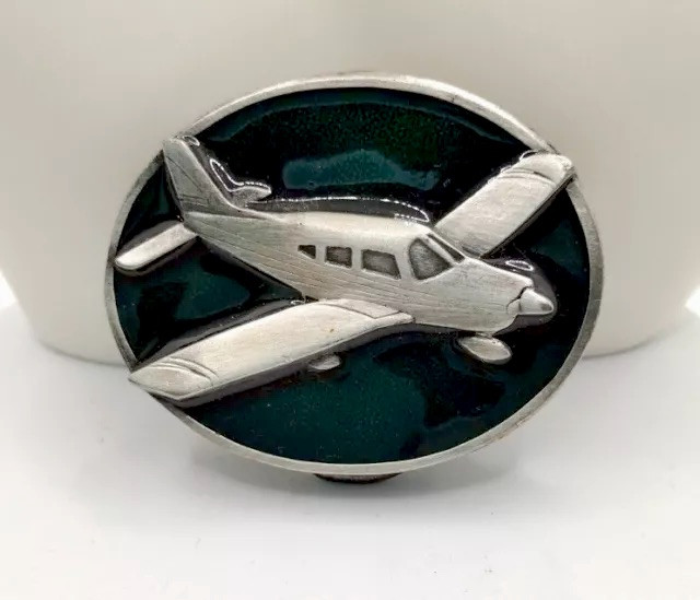 RARE! 1984 Bergamot Brass Works Belt Buckle Airplane Green Enamel Vintage L143