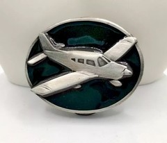 RARE! 1984 Bergamot Brass Works Belt Buckle Airplane Green Enamel Vintage L143