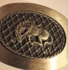 Vintage Western Belt Buckle Bucking Bronco Horse Large Squared Oval Pewter ish