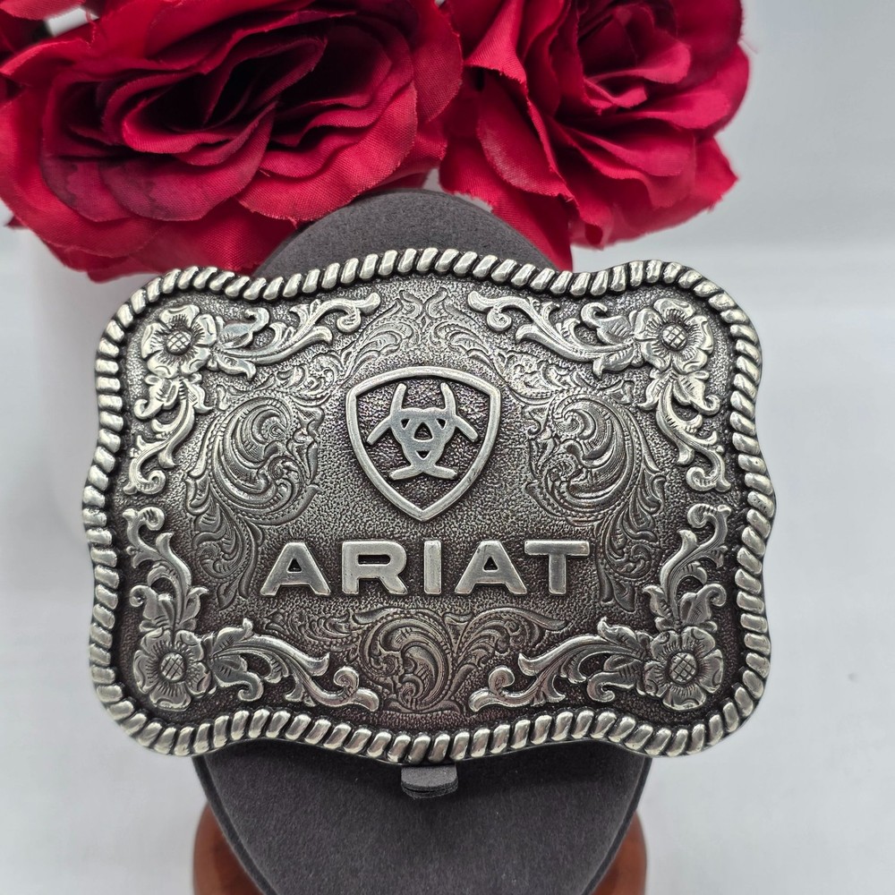ARIAT Western Filigree Belt Buckle Silver Tone Rodeo Style Men&rsquo;s Cowboy Engraved