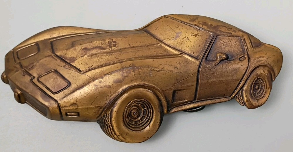 Vintage 1970s Brass Corvette Car Belt Buckle 5 1/2&Prime; Wide