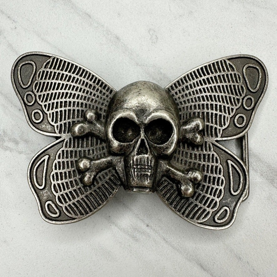 Skull Butterfly Belt Buckle Silver Tone Gothic Punk Statement