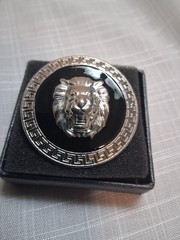 Men&rsquo;s Silver/Black Lion Head Greek Key Metal Belt Buckle, 1.5in, Antique