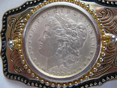 REDUCED $$$, 1900 Morgan Silver Dollar Belt Buckle Black, Gold, Silver Color