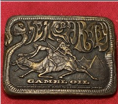 Vintage Sheik of Araby Game Oil Brass Belt Buckle Camel Rider Western 1974