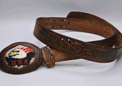 Vtg USA Embroidered Eagle Texas Cowhide Buckle/Leegin Tooled Leather Belt 36
