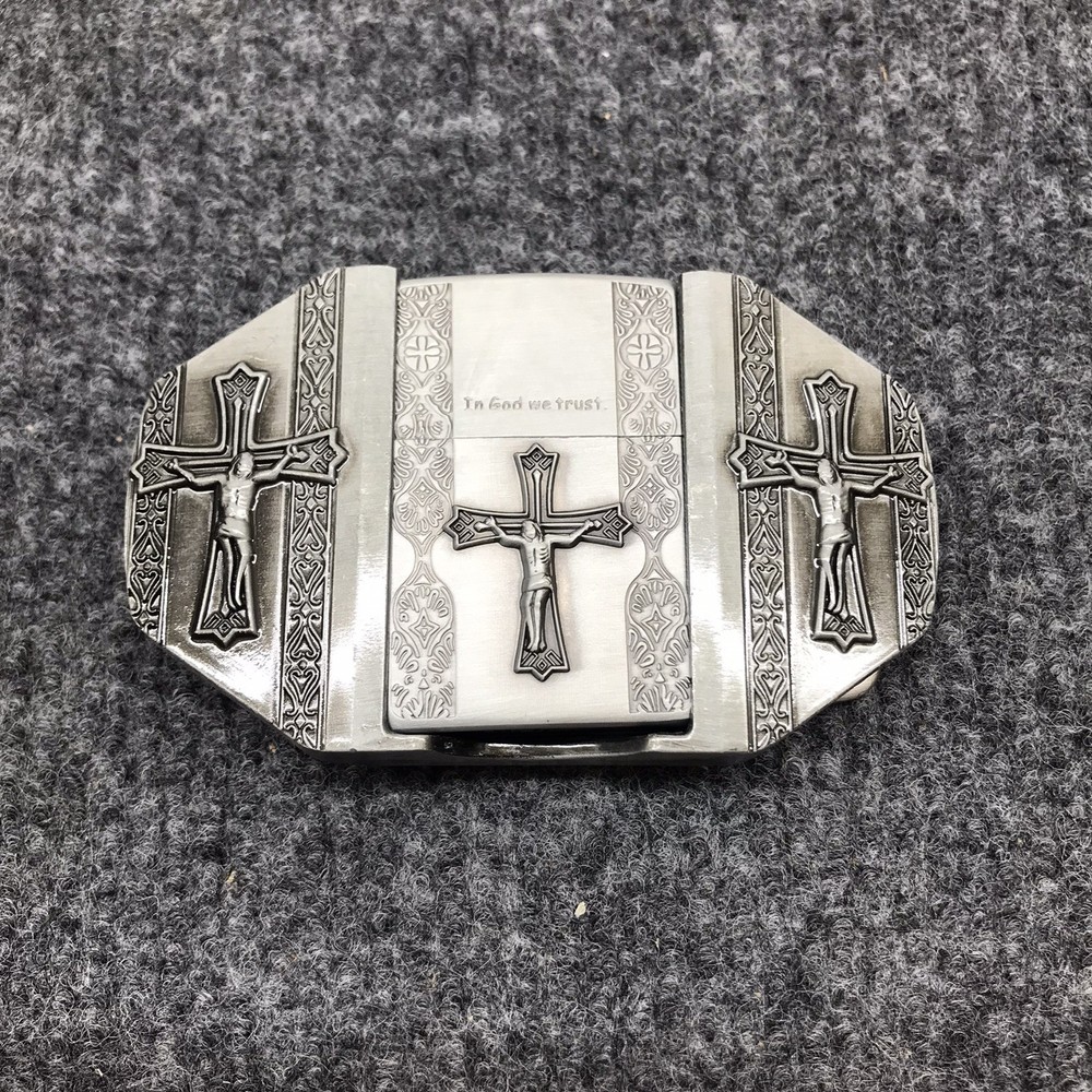 Antique Brushed In God we Trust Cross Belt Buckle with Lighter, Stock in US