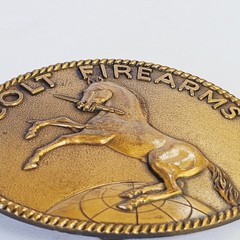70&rsquo;s Colt Firearms Belt Buckle Signed Brass Tone Rampant Colt Horse Logo Western
