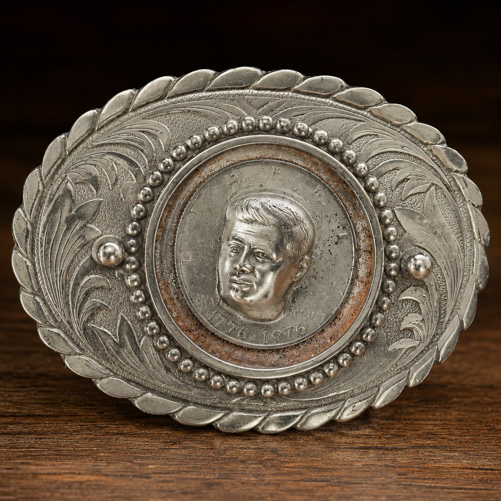 Vintage 1776-1976 Bicentennial JFK 3D Pop-Out Coin Belt Buckle