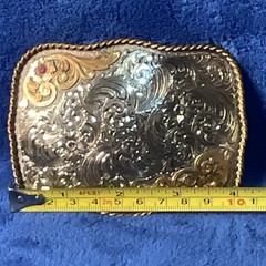 Vintage Montana Silversmiths Sterling Silver Plate Belt Buckle W/Rubies & Gold