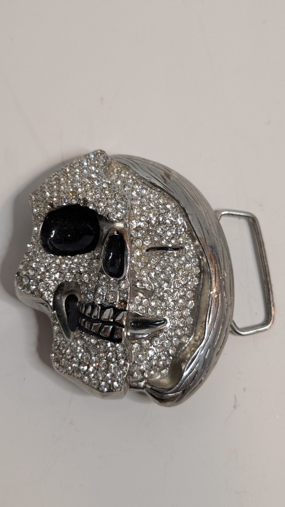 Rhinestone Crystal Skull Belt Buckle Silver Tone Gothic Biker Punk Rock