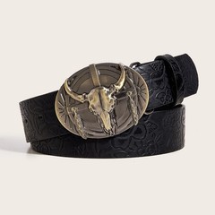 Western Cow Head Buckle Belt – Peony Pattern PU Leather Casual Belt/ COWBOY/