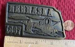 NEBRASKA 1867 VINTAGE BELT BUCKLE COVERED WAGON HORSE OXEN AMERICAN PIONEER 1975