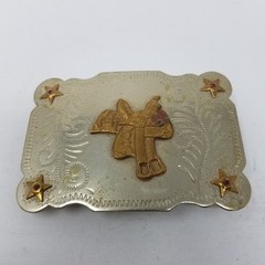 Vintage 1950s Western Wear Horse Saddle Belt Buckle Nickel Silver Bronze Stars