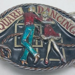 VTG 1986 Pewter & Enamel SQUARE DANCING Western C & J Belt Buckle 3&Prime; x 2 1/4&Prime;