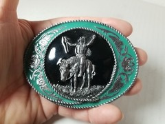 VTG 91 Siskiyou Belt Buckle Native American Warrior Horse Green Enamel USA