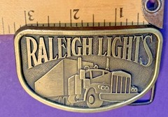 VINTAGE 1970s RALEIGH LIGHTS Metal Belt Buckle Tobacco Cigarette Ad SEMI TRUCK