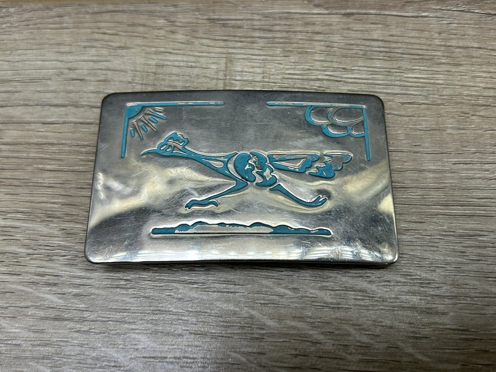 Vintage Chambers Belt Co. Turquoise Look Silver-Tone Road Runner Belt Buckle USA