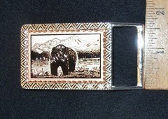 2 1/2&Prime; DRESS SIZE BELT BUCKLE W/COPPER & SILVER-PLATE GRIZZLY BEAR/SHORE SCENE