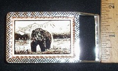 2 1/2&Prime; DRESS SIZE BELT BUCKLE W/COPPER & SILVER-PLATE GRIZZLY BEAR/SHORE SCENE