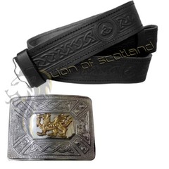 Scottish Kilt Belt Buckle Welsh Dragon Chrome Real Leather Celtic Knot Embossed