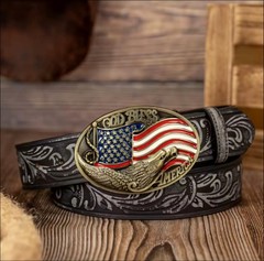 God Bless America Buckle & Belt, Men&rsquo;s Western Style Patriotic Jeans Accessory