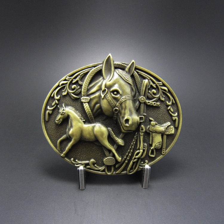 Antique Bronze Plated Horse Horses Horseshoe Western Cowboy Oval Belt Buckle
