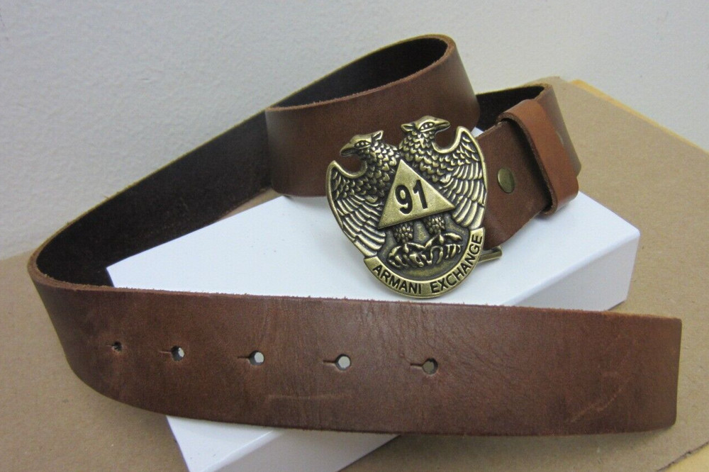 Vintage 90’s 91 Armani Exchange Double Head Eagle Buckle Leather Belt Fits 36