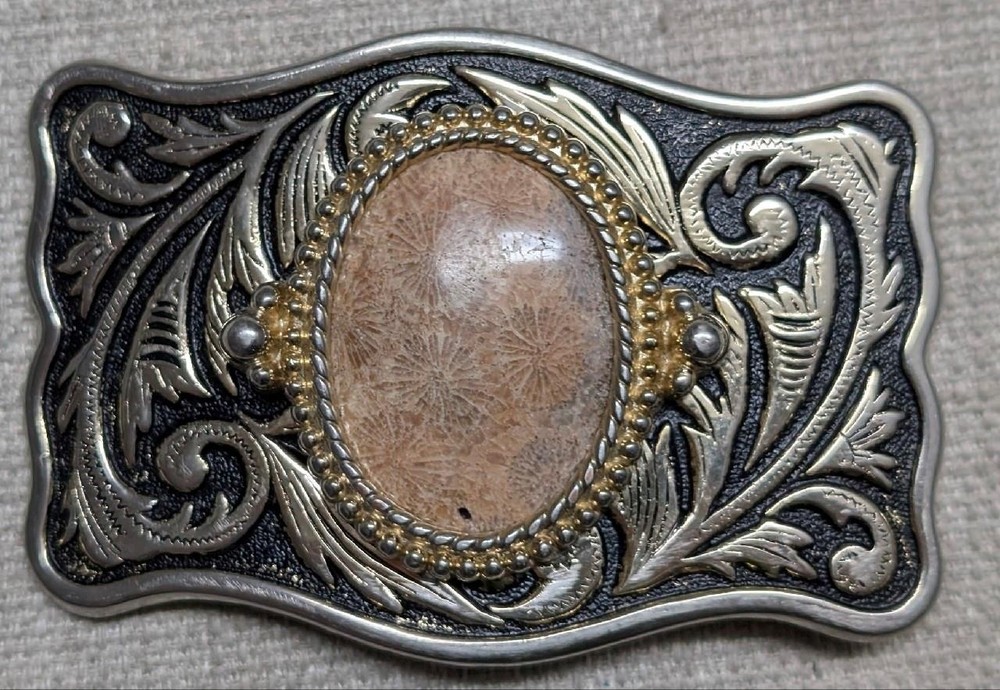 vintage STONE belt buckle FOSSIL cobochon HAND POLISHED coral WESTERN cowboy