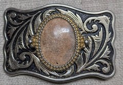 vintage STONE belt buckle FOSSIL cobochon HAND POLISHED coral WESTERN cowboy
