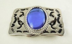 Blue Cobalt Glass 30×40 MM Rhodium Plated Belt Buckle Made In The USA