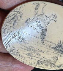 VTG Faux Bone Scrimshaw Carved Wild Goose Scenery&Display Stand/was Belt Buckle?