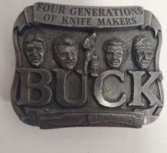 Vintage Pewter Embossed BUCK KNIVES Four Generations Knife Makers Belt Buckle