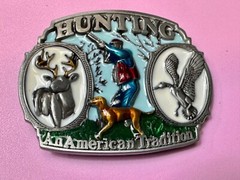Hunting An American Tradition Vintage Belt Buckle Deer Duck Dog Colorful USA