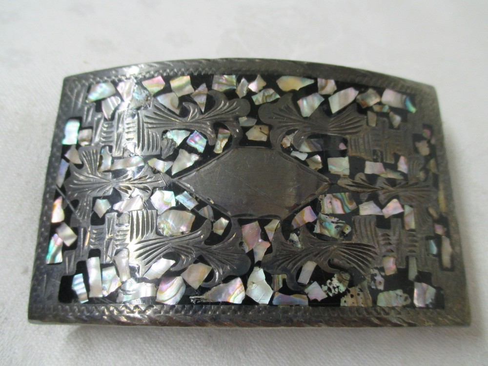Vintage Guad Mexico Sterling 925 Belt Buckle Mother of Pearl mosaic Signed AOR