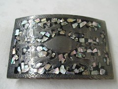 Vintage Guad Mexico Sterling 925 Belt Buckle Mother of Pearl mosaic Signed AOR