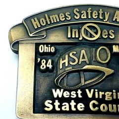 1987 HOLMES SAFETY ASSOCIATION BRASS MINING BELT BUCKLE 3 1/2&Prime; x 2 1/2&Prime; EUC